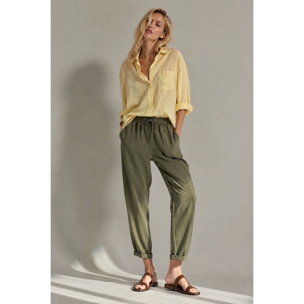 Rae Feather 100% Tencel Pull On Tapered Pants Olive Green Crop M NWT